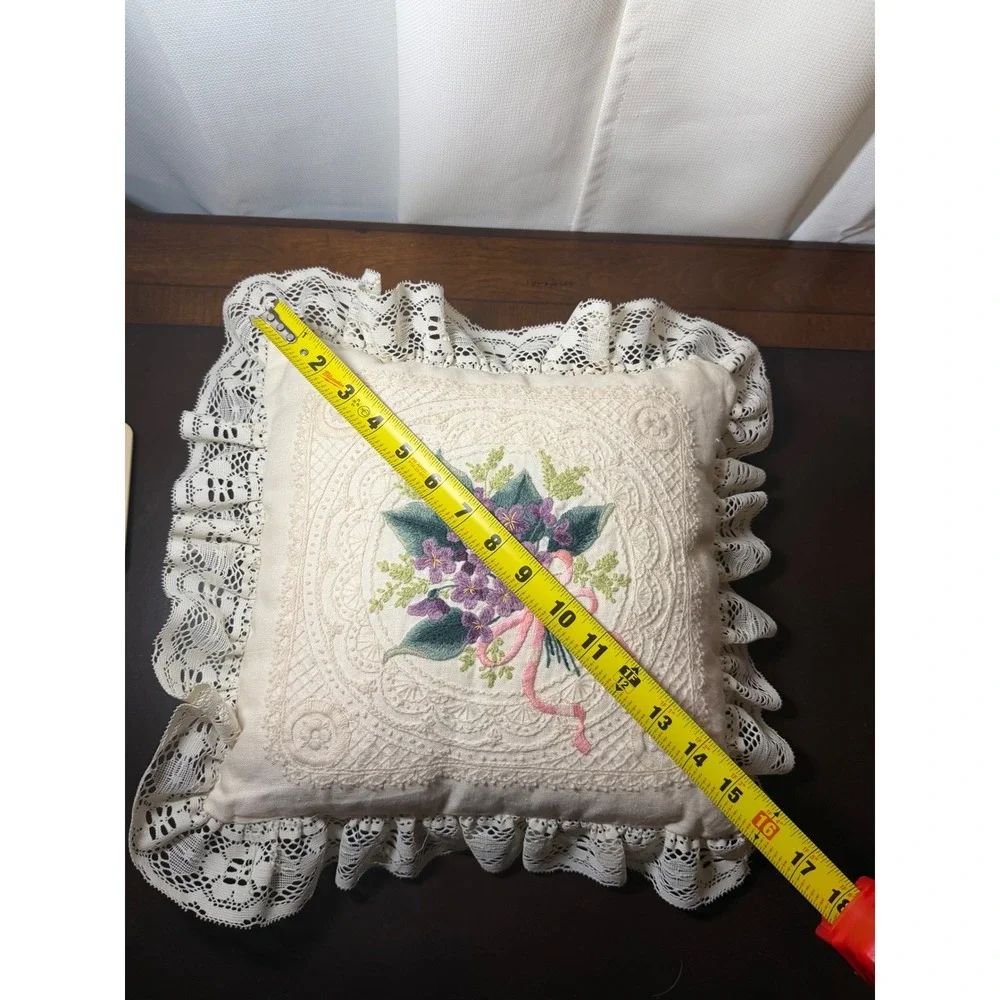 Vintage Embroidered Violet Bouquet Lace Ruffle Throw Pillow Cottage Shabby Chic